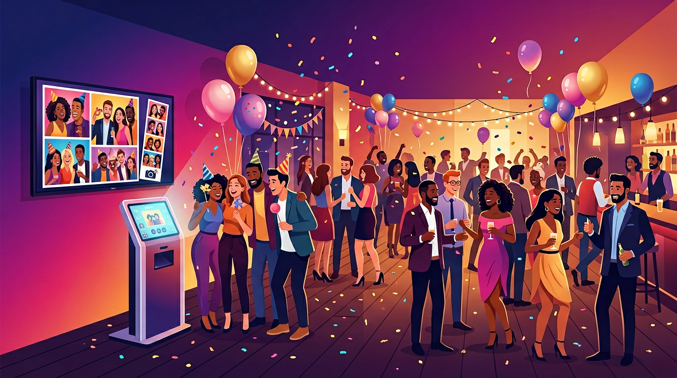 Colorful illustration of a social photo booth moment at a venue
