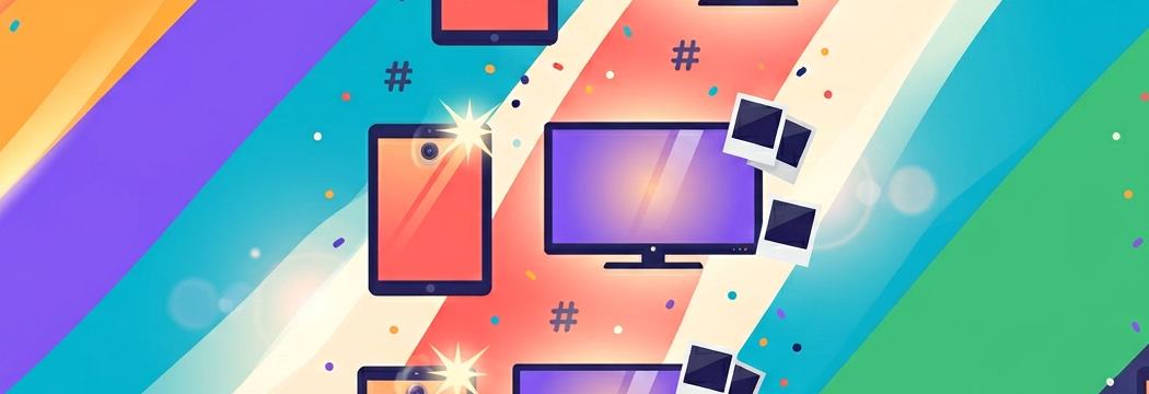 Decorative banner: tablet, wall TV with photos, hashtags, and celebration sparks in coral, violet, and cyan